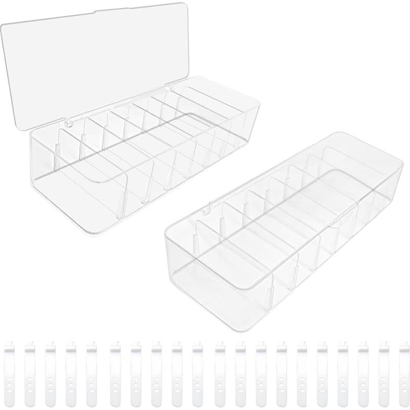 Pack of 2 Cable Organiser Storage Box with Lid and 20 Cable Ties, Transparent Plastic Cable Management Box, 8 Compartments for Home, Office, Desk Organiser and Accessories
