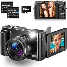 Skaitmeninis fotoaparatas 4K 48MP automatinio fokusavimo fotoaparatas su 3 colių 180° sulankstomu ekranu, 4K kompaktiškas skaitmeninis fotoaparatas su 32GB kortele, 16X skaitmeniniu priartinimu, 2 baterijomis pradedantiesiems, paaugliams
