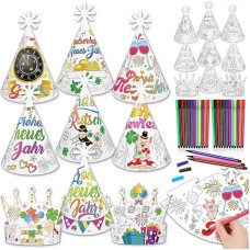 18 Lucky Charms New Year's Eve Party Hats for Colouring Children with 24 Pens, Paintable Paper New Year's Eve Headband for Children Crafts Lucky Charm New Year's Eve Headpiece Accessories
