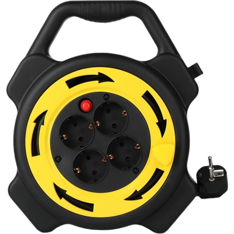 CILIA 90423 Electric Extension Cable Reel 10 Metres with 4 Italian Standard Universal Sockets Safe Black Yellow Portable with Switches Also Available Outdoor