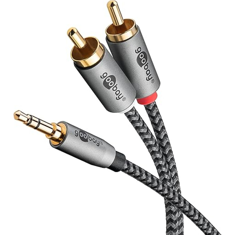 goobay 65290 Stereo RCA to Jack 3.5 Aux Cable 5 m / HiFi Audio Aux Cable for Smartphone; Console; System/Textile Sheath/Gold-Plated