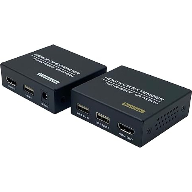 HDMI KVM USB Extender Over IP Cat5e/6, 1080P @ 60Hz HDMI Extender USB 50 m with Loop Out Function, Support Keyboard and Mouse Control Remote Singals