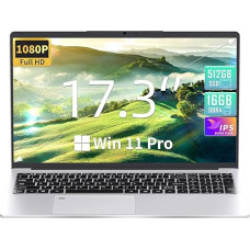 Fsjun Win 11 Pro/Office 2019, 17.3 inch FHD Laptop, Celeron N5095 (up to 2.9 GHz) CPU, DDR4 16GB RAM 512GB SSD, 1080P IPS FHD Display, Fingerprint Reader, Backlit KB, Mini HDMI, 3 x USB 3.0, Silver