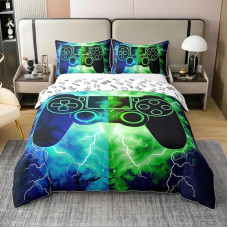 Žaidėjų žaidimų 100 % medvilnės patalynės komplektas 135 x 200 cm Žaibiškas žaidimų pultas, skirtas žaidimų konsolių lovoms Žalias mėlynas modernus patalynės komplektas