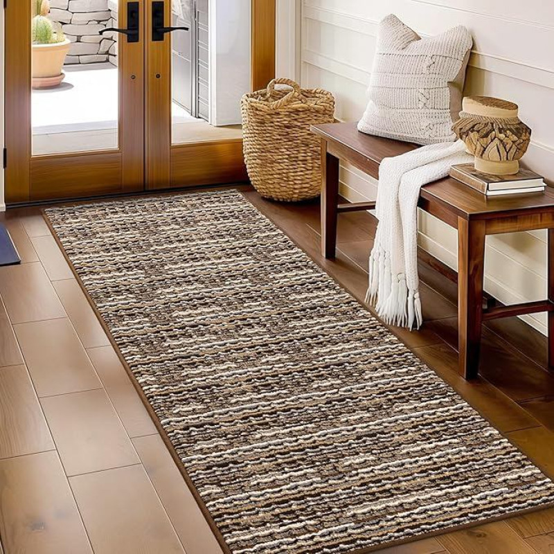 Biscpro Doormat 60 x 180 cm Boho Carpet Dirt Trapper Mat Indoor Washable Non-Slip Door Mat Entrance Mat Carpet for Entrance Area, Front Door, Patio, Hallway, Garden, Porch Brown