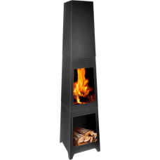 Lauko krosnelė - 36 x 36 x 150 cm - Sodo židinys malkoms - Sodo krosnelė su pelenų surinkimo konteineriu ir medine lentyna - Lauko krosnelė - Anglinis plienas