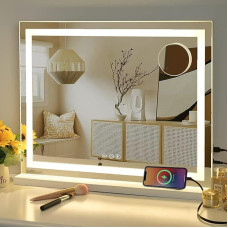 Cosmetic Mirror with Lights, Makeup Mirror with Lights, 3 Color Modes, Illuminated Hollywood Mirror, Touch Control, USB Charging Port, Metal Frame, White