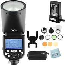 Godox V1-C TTL blykstė su apvalia galvute Speedlite 1/8000 s HSS, 1,5 s atkūrimo laikas, 2600 mAh ličio baterija, 10 pakopų LED modeliavimo lempa su AK-R1 apvalia galvute, suderinama su Canon