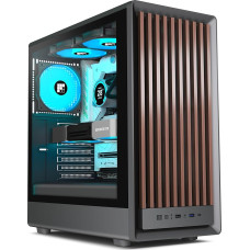 Kompiuterio korpusas - medžio riešuto priekinė panelė, iš anksto įmontuotas 4 PWM ARGB ventiliatorius, ATX Mid-Tower žaidimų kompiuterio korpusas, juodas (M1)