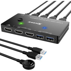 KVM jungiklis 8K@60Hz 4K@120Hz, ESKEVE HDMI KVM jungiklis 2 kompiuteriams, kuriais dalijamasi 1 monitoriumi ir 3 USB 3.0 įrenginiais, pridedamas laidinis nuotolinio valdymo pultas ir USB kabelis