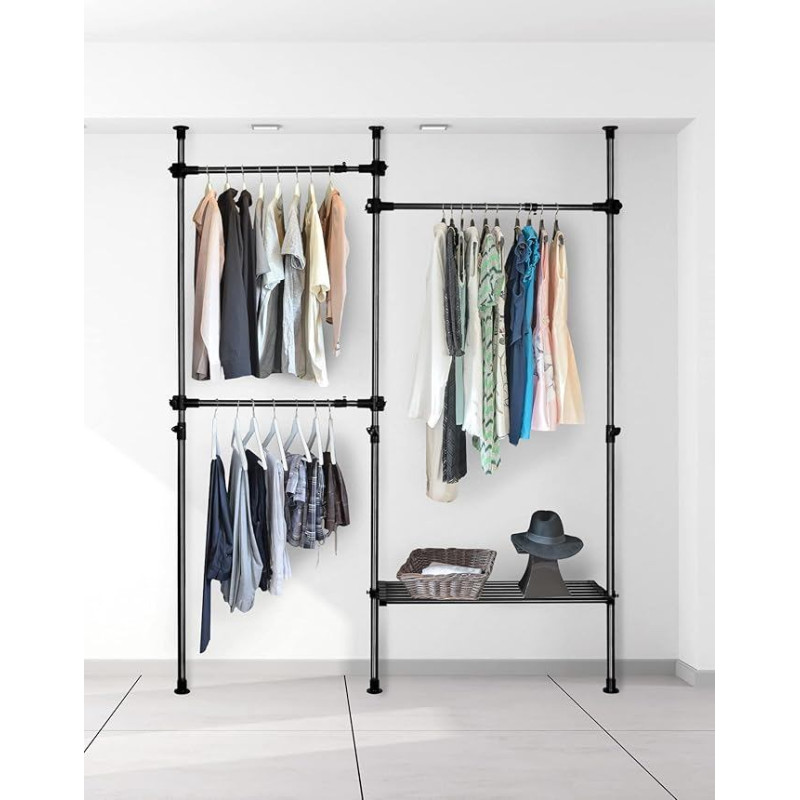 QWORK® Telescopic Wardrobe, Telescopic Clothes Rail, for Dorm Dressing Room, Bedroom, Each Pole Load 50 kg, Black