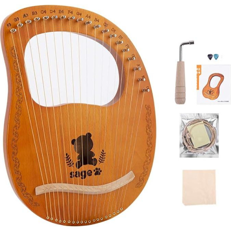 Portable Small Harp, 19 Lyre Harp, String Instrument, Metal Strings Mahogany Instrument, Lyre, Easy to Use, with Tuning Key and Strings, etc., C