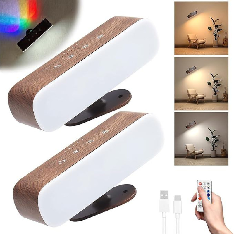 ZEBRAMOL 2 Pack RGB Wall Lamp, 6500K Indoor Wall Light with Remote Control, Rechargeable Reading Lamp with Touch Control, 360° Rotation, Dimmable Wall Lamp, Wireless LED Lights