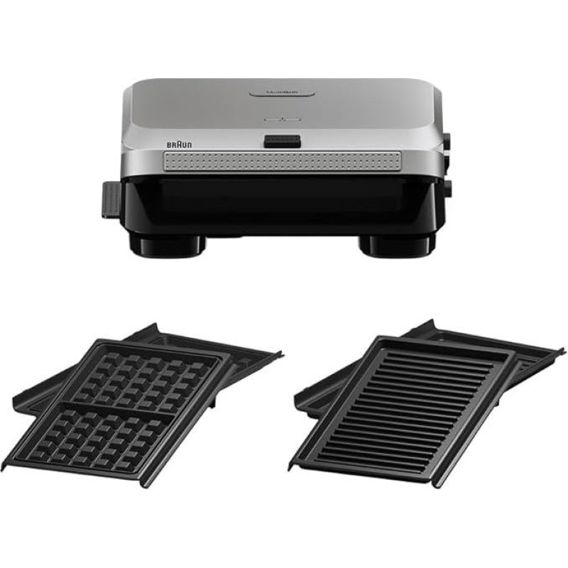 Braun SnackMaker 5 SM5006 Toaster with Grill and Waffle Plates, Waffle Maker with Cast Aluminium Plates, Removable Plates and Drip Tray for Dishwasher, 800 W, Silver