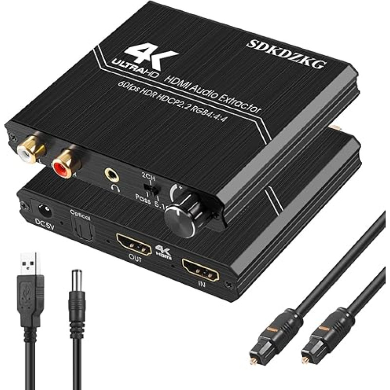 SDKDZKG HDMI 2.0 garso išvestis, HDMI optinis Toslink SPDIF 3,5 mm stereofoninis R/L garso išvesties keitiklis su garsumo valdymu, palaiko 4K@60Hz HDCP 2.2 HDR 3D YUV 4:4:4, skirtas PS5/4 Blu-ray