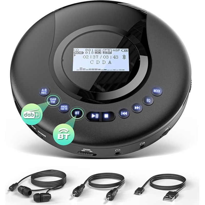 Arafuna Portable CD Player with DAB+/FM Radio, CD Player Bluetooth with Audio Book Function, Discman CD Player for Car, Antishock, Integrated Battery 2000 mAh