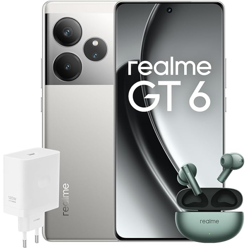 realme Smartphone GT6 256 GB 12 GB Fluid Silver EU + Buds Air 6 Forest Green EU + SUPERVOOC 120 W Power Adapter White