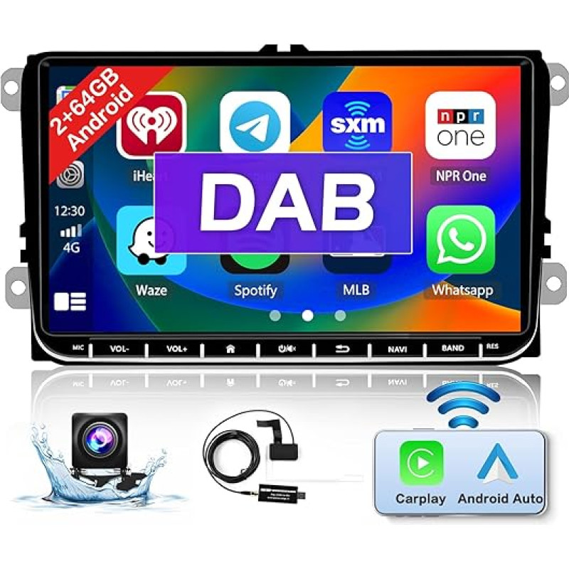 2+64GB DAB/DAB+ Android Car Radio with Navigation System for VW Golf Polo Passat Skoda Seat with Wireless Carplay Android Car 9 Inch Touchscreen Car Radio Bluetooth with RDS FM GPS WiFi HiFi SWC DAB