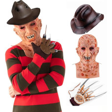 Yearsahrk Freddy Krueger Costume 4-Piece Nightmare Costume Striped Jumper Scary Mask Glove with Claw Cowboy Hat Halloween Cosplay for Adults