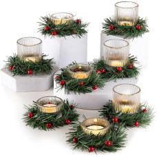 Glasseam Tea Light Holder Christmas Tea Light Glasses Christmas Decoration: Set of 8 Ribbed Candle Jars with Christmas Wreath Candle Holder Glass for Table Decoration Candle Glass for Winter Living