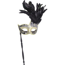 Coolwife Women's Feather Mask with Support Rod Costume Party Carnival Ball Mask - Black - One Size, black