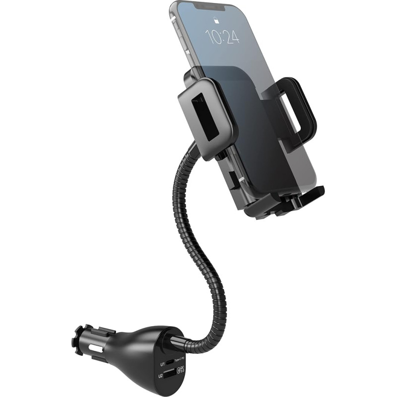 SOAIY 3-in-1 Universal Car Mobile Phone Holder Gooseneck with Charging Function 2 Ports QC3.0 PD Quick Charge USB Car Charger 38W 12V/24V Cigarette Lighter Power Supply with LED Voltage Display for