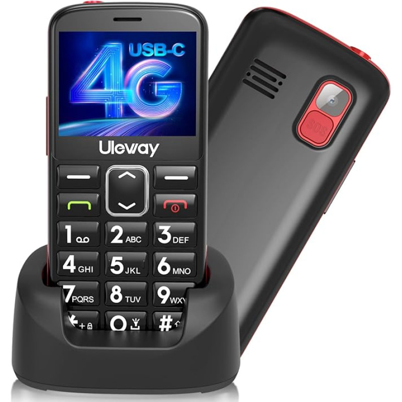 uleway 4G Senior Mobile Phone without Contract, Long Standby Time, Seniors Mobile Phone with SOS Emergency Call Button, Large Button Mobile Phone with Charging Station, HAC Black