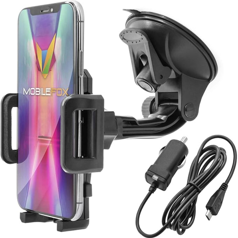 mobilefox® 360 ° Car Holder Car Auto Mount with In-Car Charging Cable, In-Car Holder for Smartphone Samsung Galaxy S4/S5/S5 mini/A7/A5 A3 Alpha/S4/S4 MINI/S4 Active/S3/S3 MINI/ATIV S/Galaxy Note Edge/ Note 4/Note 3/Note 3 Neo/Note 2/Trend Lite/Trend Core/