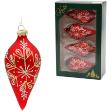 Dekohelden24 Lauschaer Christmas Tree Decorations Set of 4 Matte Red Hand-Decorated with Glitter Decoration in Gold and Silver with Gold Crowns, Length Approx. 10 cm, Drops, 4