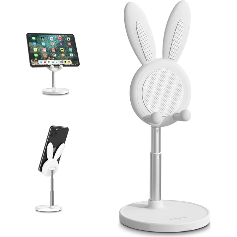 nediea Cell Phone Stand, Angle Height Adjustable Cell Phone Holder for Desk, Cute Rabbit Pattern Compatible with All Phones, iPhone, Samsung, Pixel, iPad, Tablet (4-13 Inch) (White)