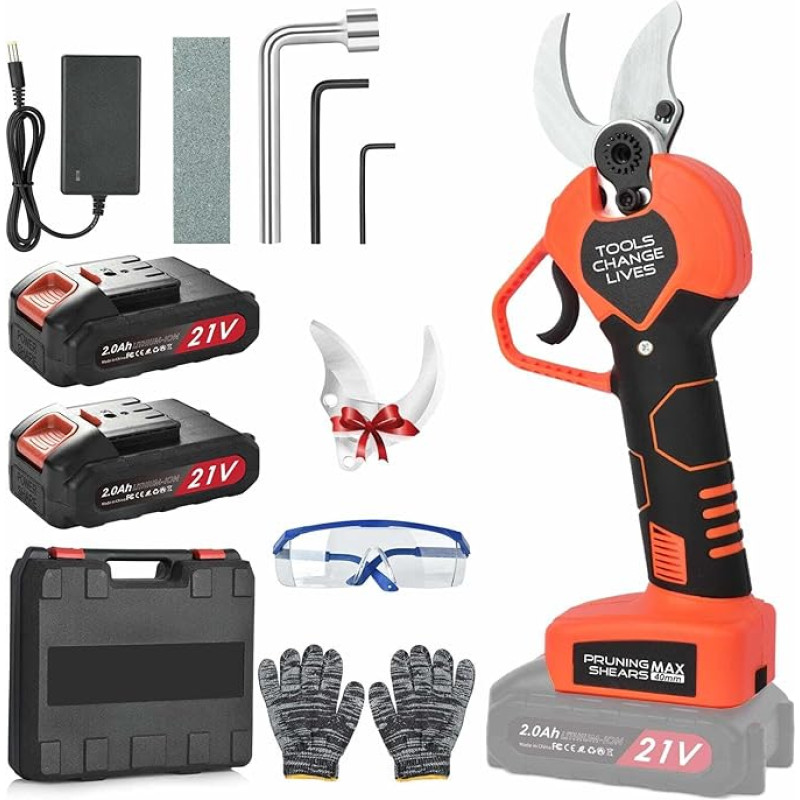 Akumuliatorinės elektrinės genėjimo žirklės - 40 mm profesionalios elektrinės genėjimo žirklės su 2 21 V/2000 mAh baterijomis - akumuliatorinės genėjimo žirklės sodininkystei, vynmedžiams, vaismedžiams