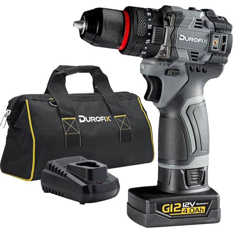Durofix G12 Cordless Drill, 50Nm Combination Drill, 1800RPM 2-Speed Brushless Motor, 20+3 Torque Settings, 3/8 Chuck and LED Light, 1 x 12V 4.0Ah Battery, Charger and Carry Bag