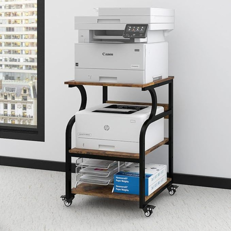 PUNCIA Large Printer Stand, Printer Desk with Adjustable Storage Rack, 3-Tier Rolling Printer Cart with Wheels for Home Office Organization, Multifunctional Shelves for Heat Press, 3D Printer