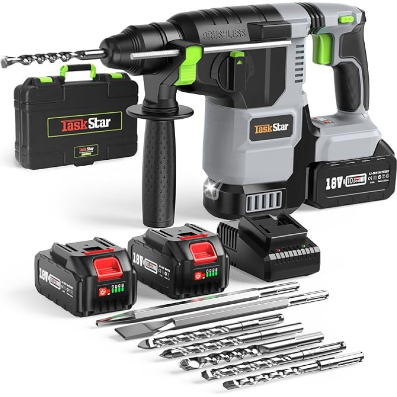 TaskStar 18 V Cordless Hammer Drill, Pulse/Anti-Twist Mode Hammer Drill with 2 x 5.0 Ah Batteries, Drill, 3 J Battery Hammer Drill, 4-in-1 Solution for Drilling Concrete and Removing Walls, Tiles