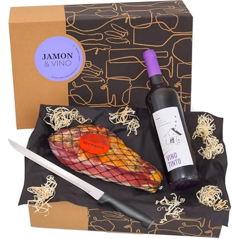 Jamón & Vino Delicatessen Gift Basket with Serrano Ham & Red Wine from Spain - Includes Ham Knife - Gift Packed in Spanish Gift Box jamon.de
