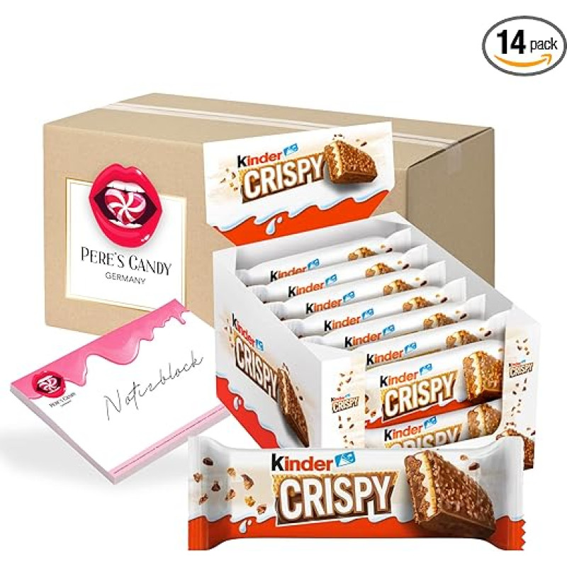 Pere's Candy® Bundle for Children Crispy Bars Crispy and Creamy Chocolate 14 x 34 g + Pere's Candy Notepad DIN A7 25 Sheets