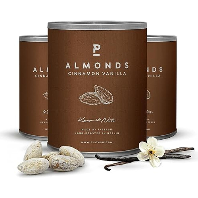 P-STASH Almond Cinnamon Vanilla, Elegant Almonds Roasted 3 x 60 g, Fat-free Drum Roasting, Nut Mix with Unique Spice Combinations, Premium Nuts Made in Berlin