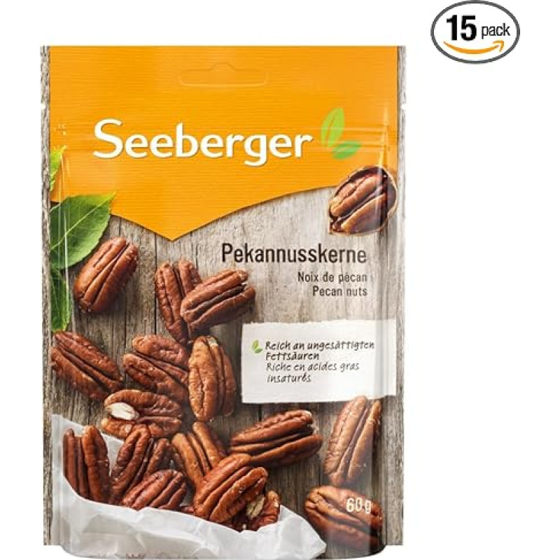 Seeberger Pecan Kernels Pack of 15: Large, Unscathed and Crispy Fresh American Pecans - Handy & Resealable - Natural (15 x 60 g)