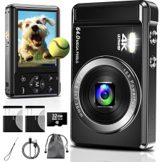4K 64MP skaitmeninis fotoaparatas Kompaktiškas skaitmeninis fotoaparatas su 32GB SD kortele fotografijai, automatinio fokusavimo nešiojamas mini fotoaparatas berniukams, mergaitėms, vaikams, pradedantiesiems, paaugliams su 16x skaitmeniniu priartinimu ir 