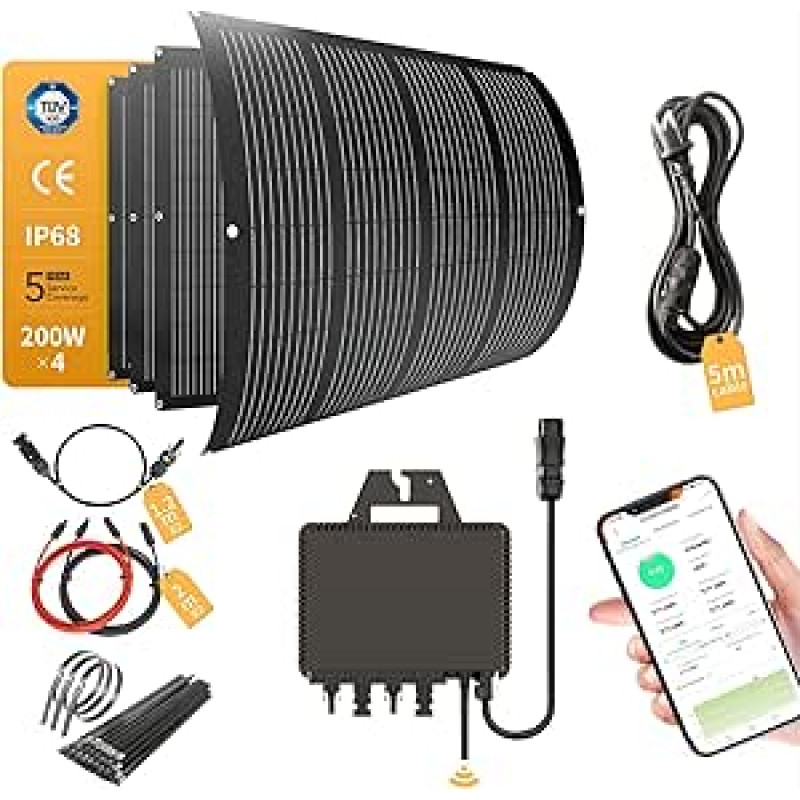 Balkonkraftwerk 800W_RC® MI2S-800D + 200W x 4 Flexible Solar Module + 5 m AC Power Connection Cable + 1.2 M/2 M x 2 DC Extension Cable MC4 + Stainless Steel Band