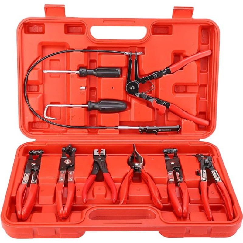 Replės su spaustukais, įrankių dėžutė, 9 dalys, lankstus žarnos spaustukas, spaustukų rinkinys, pasukamas žandikaulis, plokščia kampinė juosta, automobiliniai įrankiai, žarnos spaustukai, replės