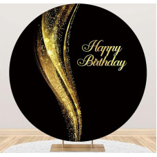 Renaiss 2 m Happy Birthday Round Background Black and Gold Glitter Polyester Photography Background Children Adults Birthday Party Decoration Accessories Baby Shower Photo Studio Props