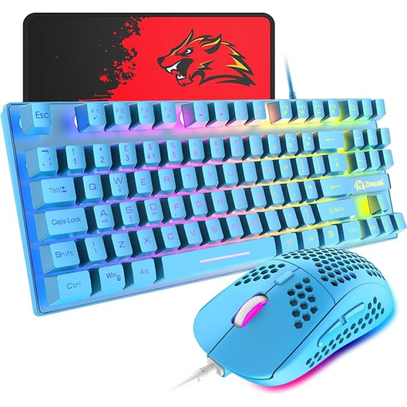 Gaming Keyboard and Mouse, 88 Keys USB Backlit Rainbow Keyboard + Programmable Ultra Light Gaming Mouse with 6400 DPI for Computer PC PS4 PS5 Laptop Mac (Blue)