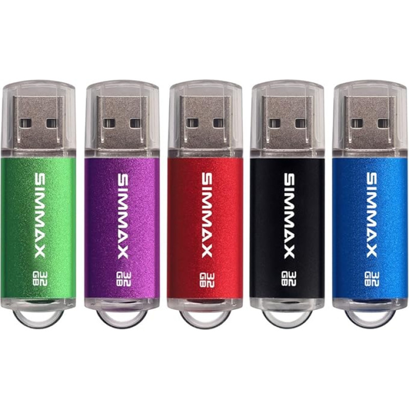 SIMMAX USB atmintinė 32 GB USB 2.0 Flash Drive nykščio diskas Pen Drive, 5 vnt. (32 GB, žalias, violetinis, raudonas, juodas, mėlynas)