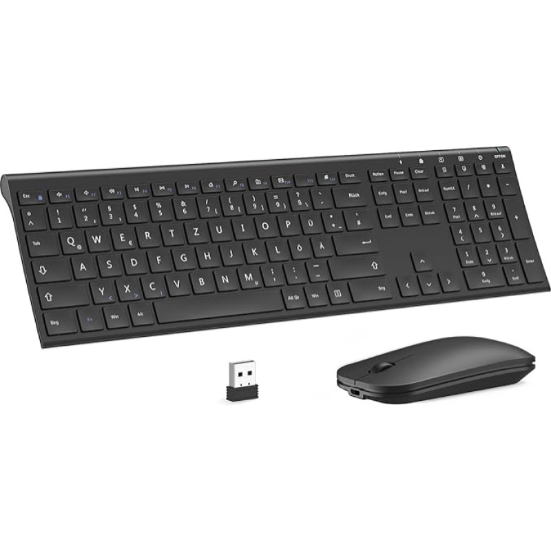 Wireless Keyboard Mouse Set, seenda 2.4G Ultra Slim Wireless Keyboard and Mouse Rechargeable Aluminium German QWERTZ Wireless Keyboard Thin for Windows/PC, Computer, Laptop, Smart TV, Black