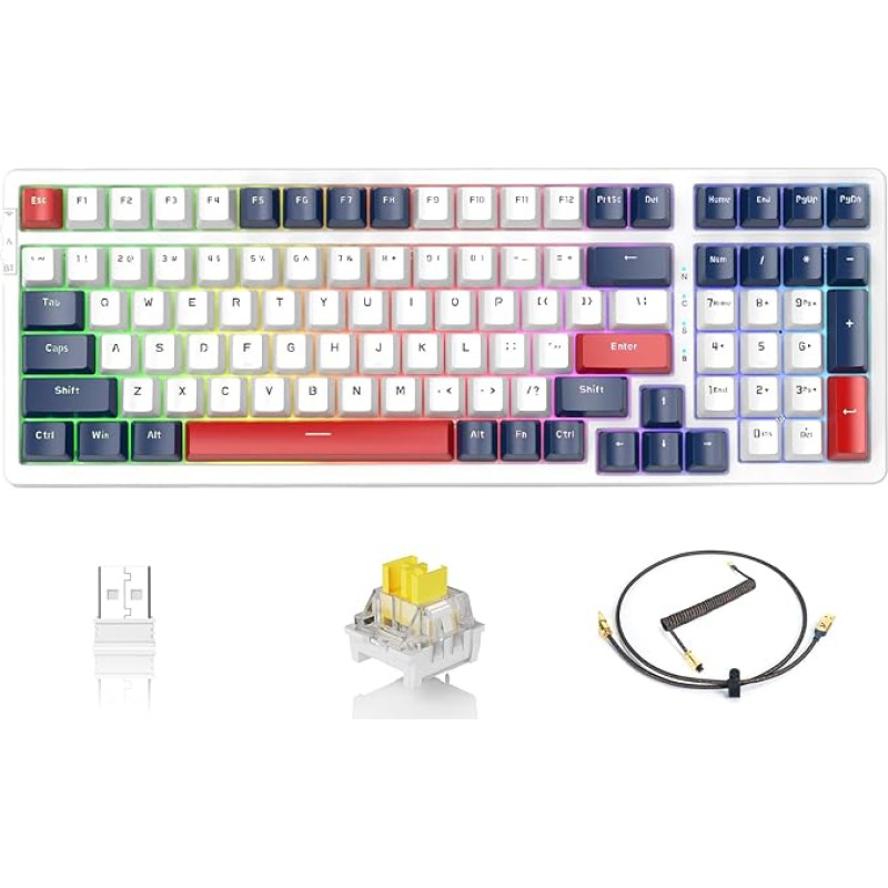 ATTACK SHARK K98 100 Keys Hot-Swappable Mechanical Gaming Keyboard, Bluetooth/2.4G/Coiled USB C, 3000 mAh Battery, RGB Backlit, Programmable, OEM Yellow Switch, for Windows/PC/Mac - Blue