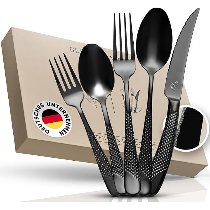 Glavory Aurora - Cutlery Set Black Stamped - Cutlery for 6 People 30 Pieces - Rustproof 18/8 Stainless Steel - Black Cutlery Dishwasher Safe with Elegant Packaging - 2 in 1 Steak Knife