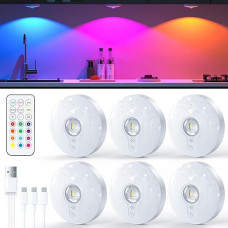 USB Rechargeable LED Spot Battery with Remote Control, Showcase Lighting LED Wireless with Timer Function, Under-Unit Light, Cabinet Lighting, Magnetic Light with Memory Function (White, Pack of 6,