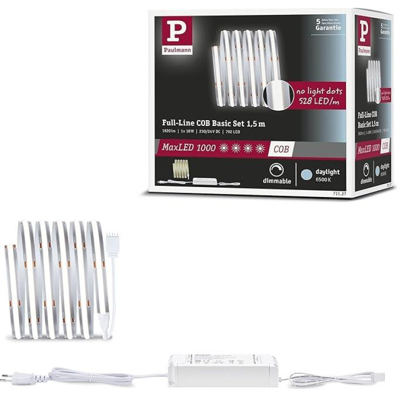 Paulmann 71127 MaxLED 1000 LED Strip Full-Line COB 18 W 1280 lm/m 528LEDs/m Dimmable 1.5 m Silver Plastic 6500 K LED Strip Extendible