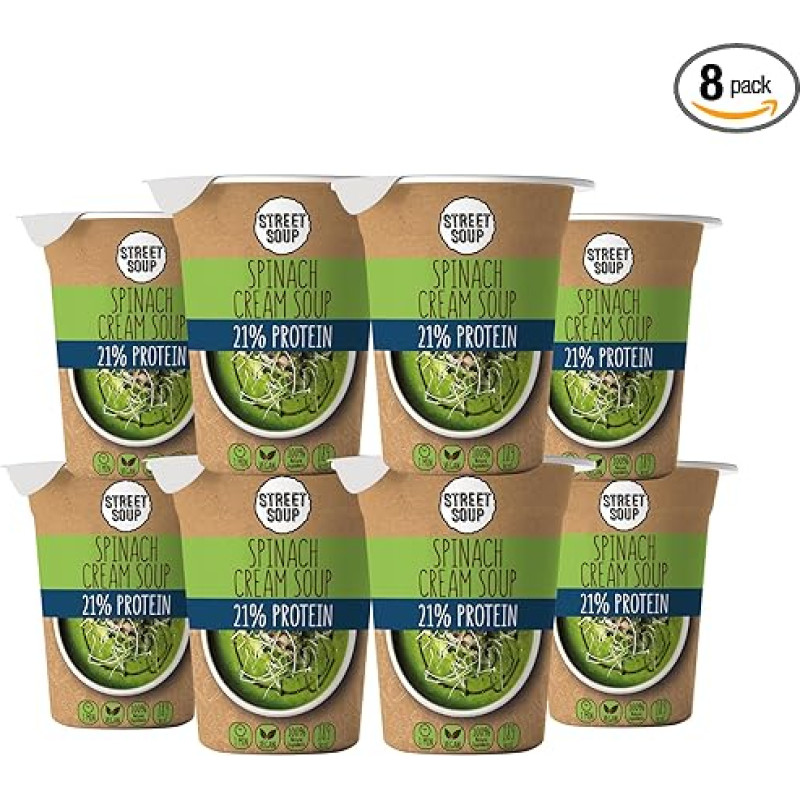 STREET SOUP Protein Instant Soup To Go (Spinach, 8 Pieces, 300 g Each) - Ready Low Carb Cream Soups for Diet, for Weight Loss & On the Go - Spinach Soup - Ready Meals & Ready Meals Vegan & Gluten Free